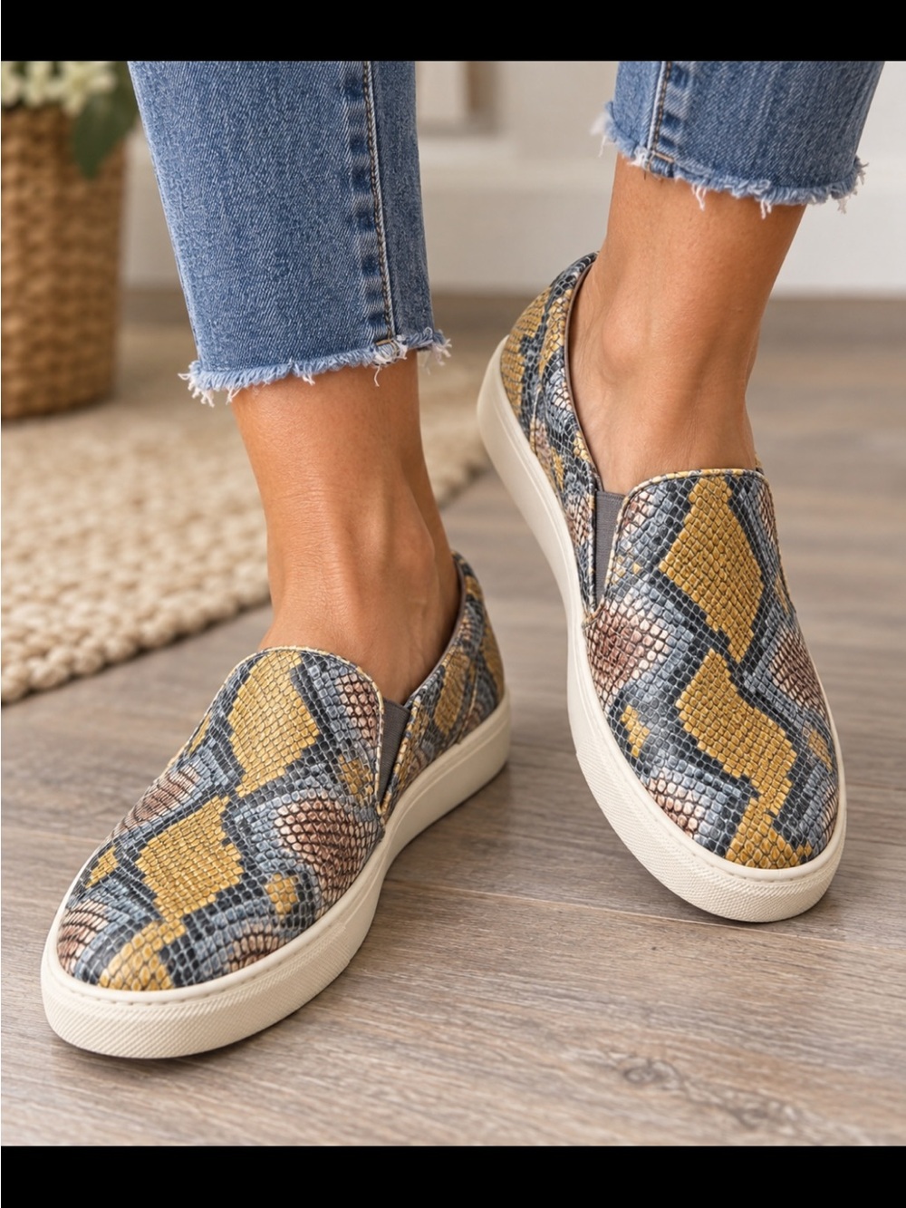 Steve Madden Snake-Print Slip-Ons in Yellow, Gray & Brown